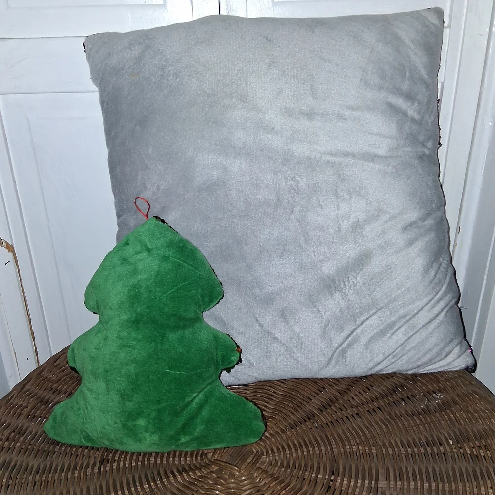 Reversible Sequin Pillow and Tree Ornament Set - Pink and Green